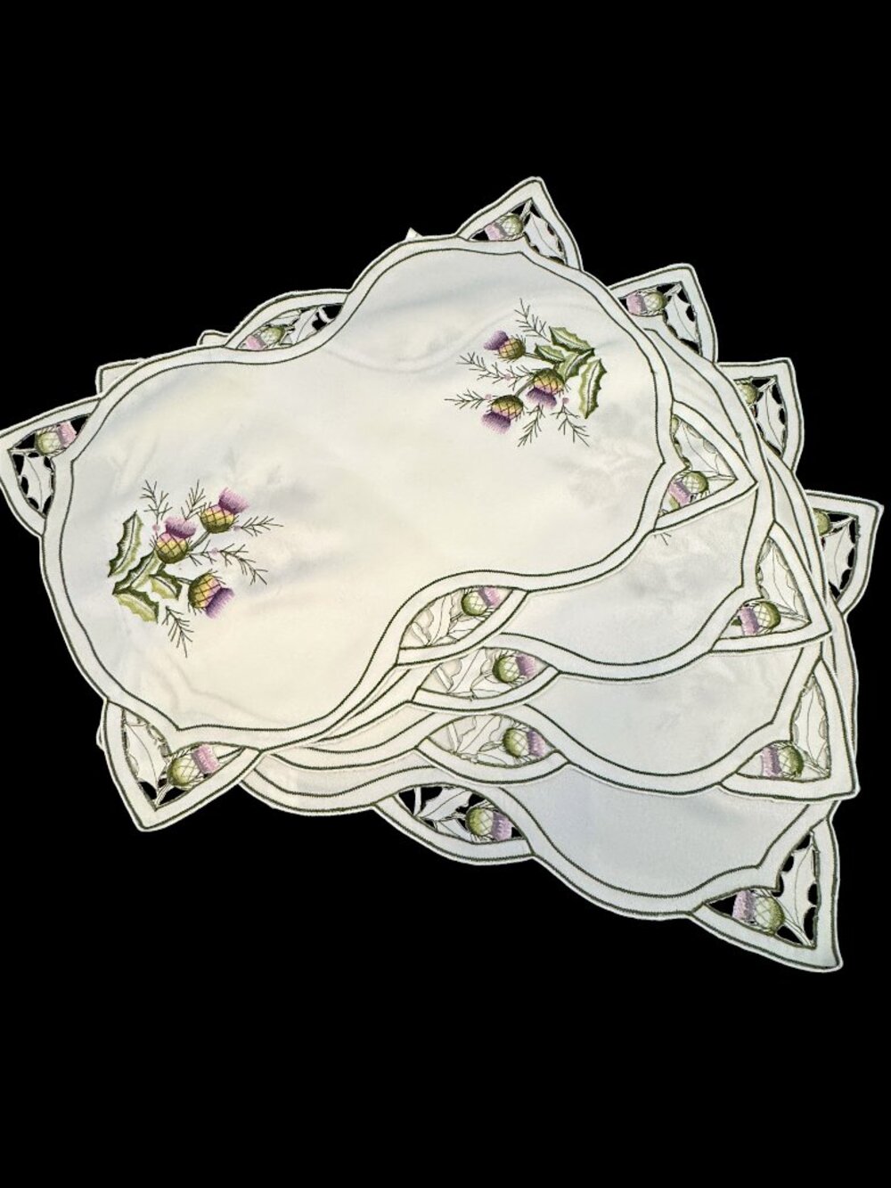 Set 4 Linen Placemats with Floral Embroidery & cut-outs Off-White Purple Green